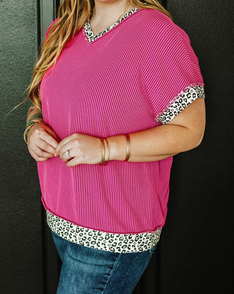 Leopard Trim Corded Top Plus Size