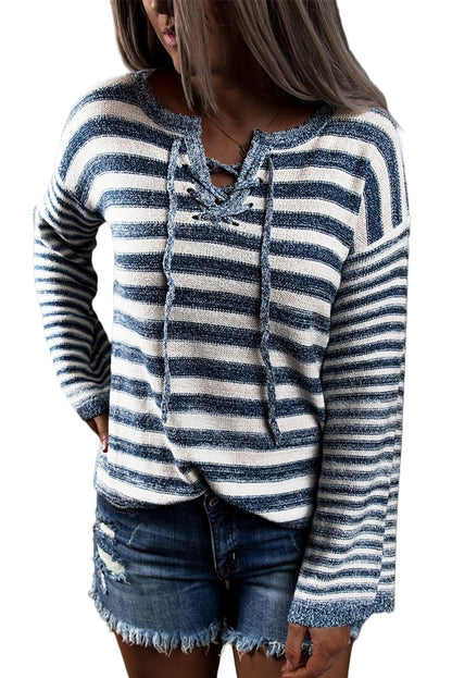 Stripe Lace Up V-Neck Sweater