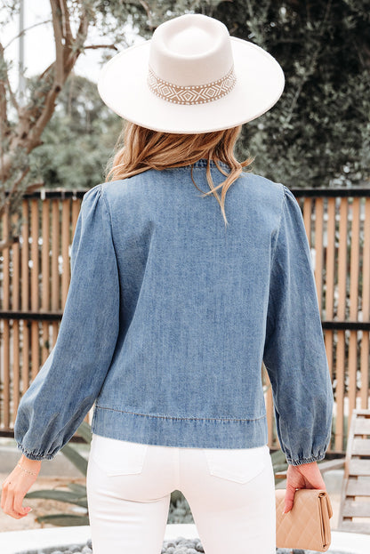 Solid Denim Tie-Front Puff Sleeve Top
