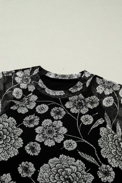 Floral Mesh Thumbhole Long Sleeve Top