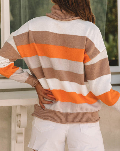 Stripe Ribbed Trim Turtleneck Sweater