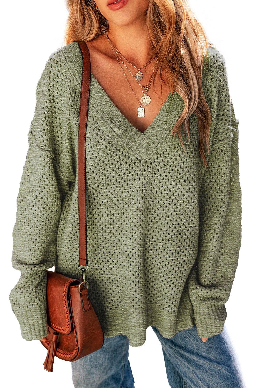 Eyelet V-Neck Drop Shoulder Sweater