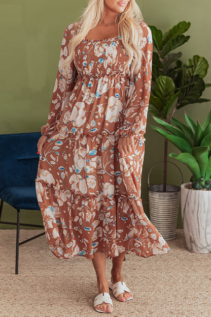Floral Shirred Square Neck Maxi Dress