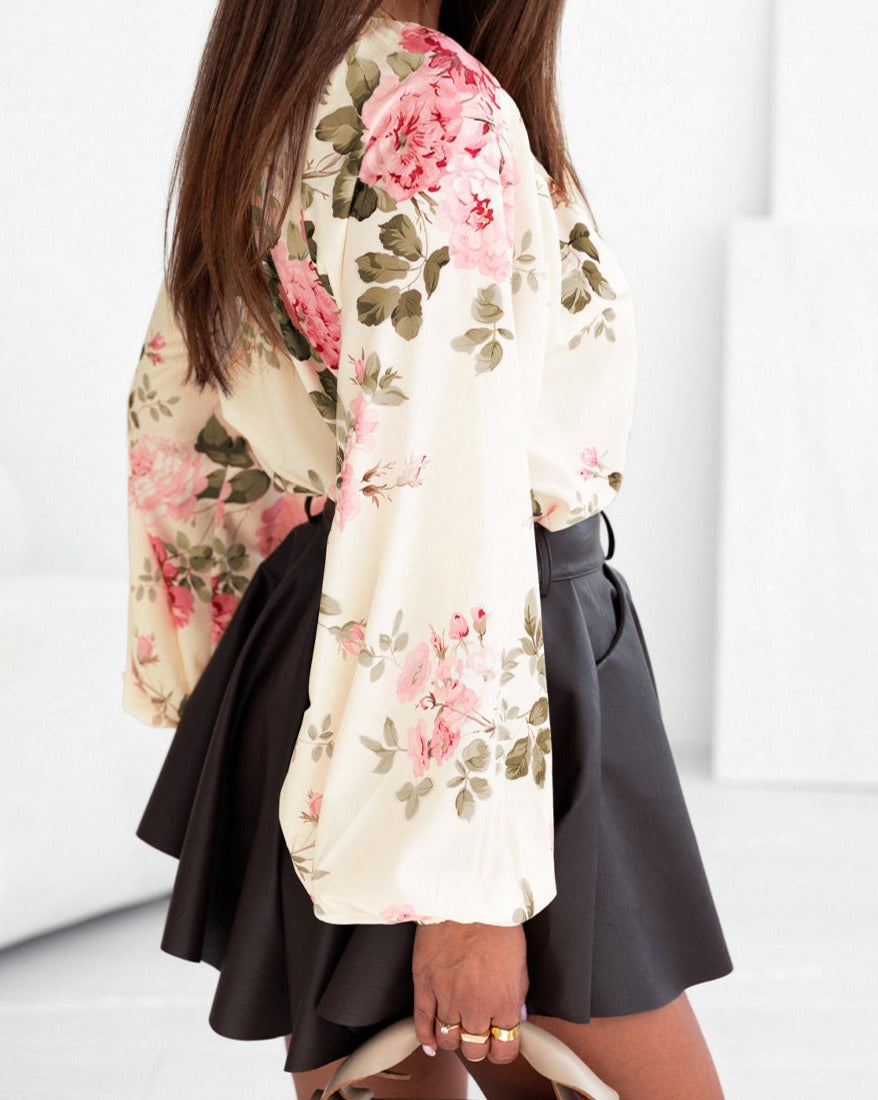 Floral Lantern Sleeve V-Neck Blouse