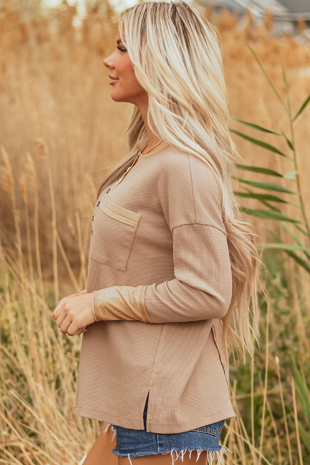 Colorblock Waffle Textured Henley Top