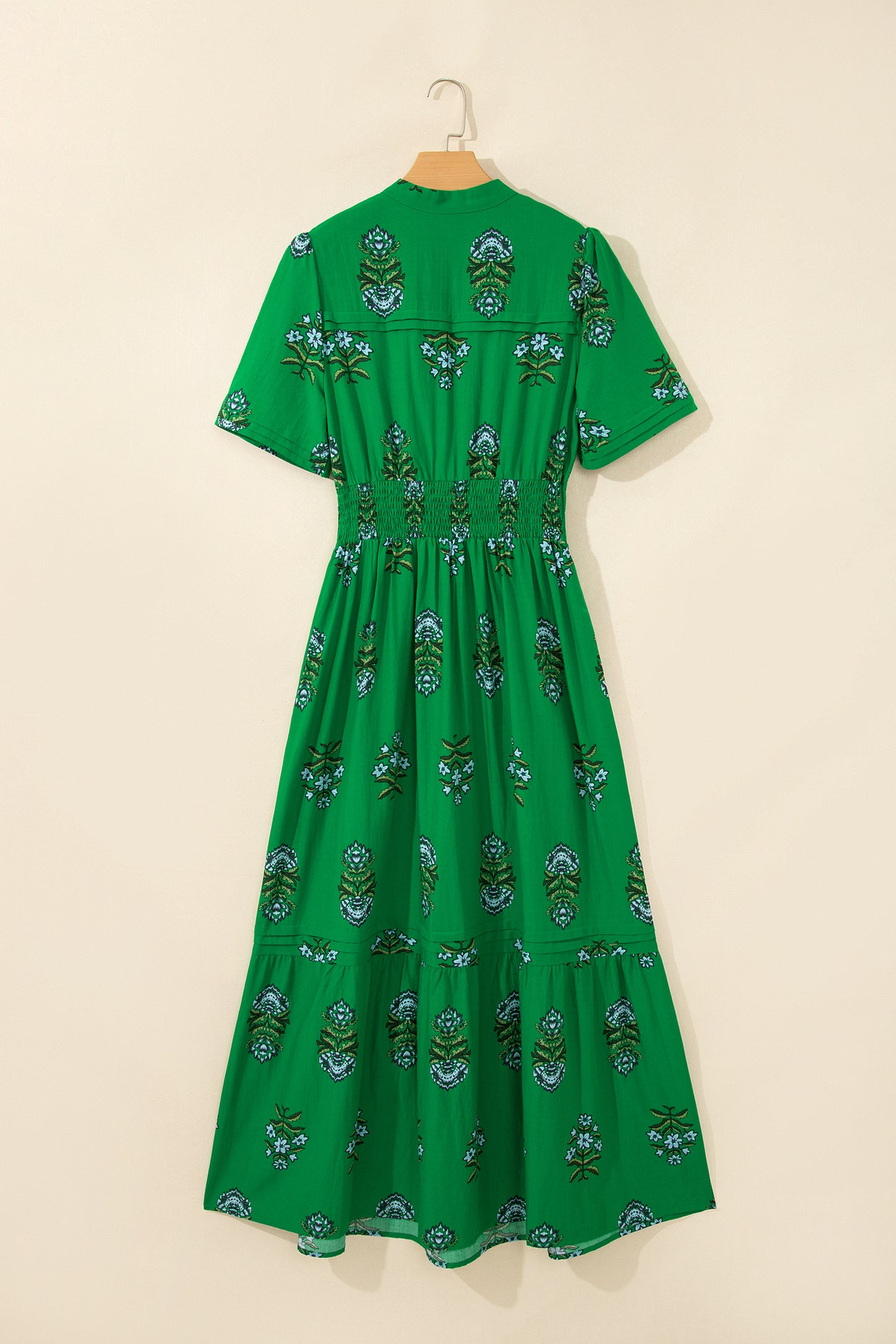 Floral Split Neck Shirred High Waist Maxi Dress