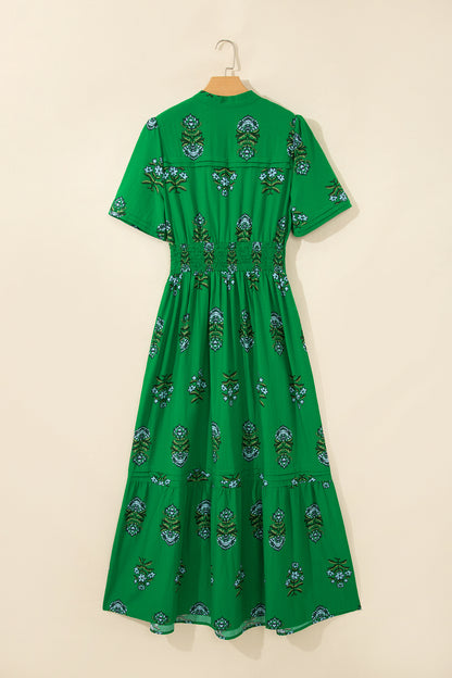 Floral Split Neck Shirred High Waist Maxi Dress