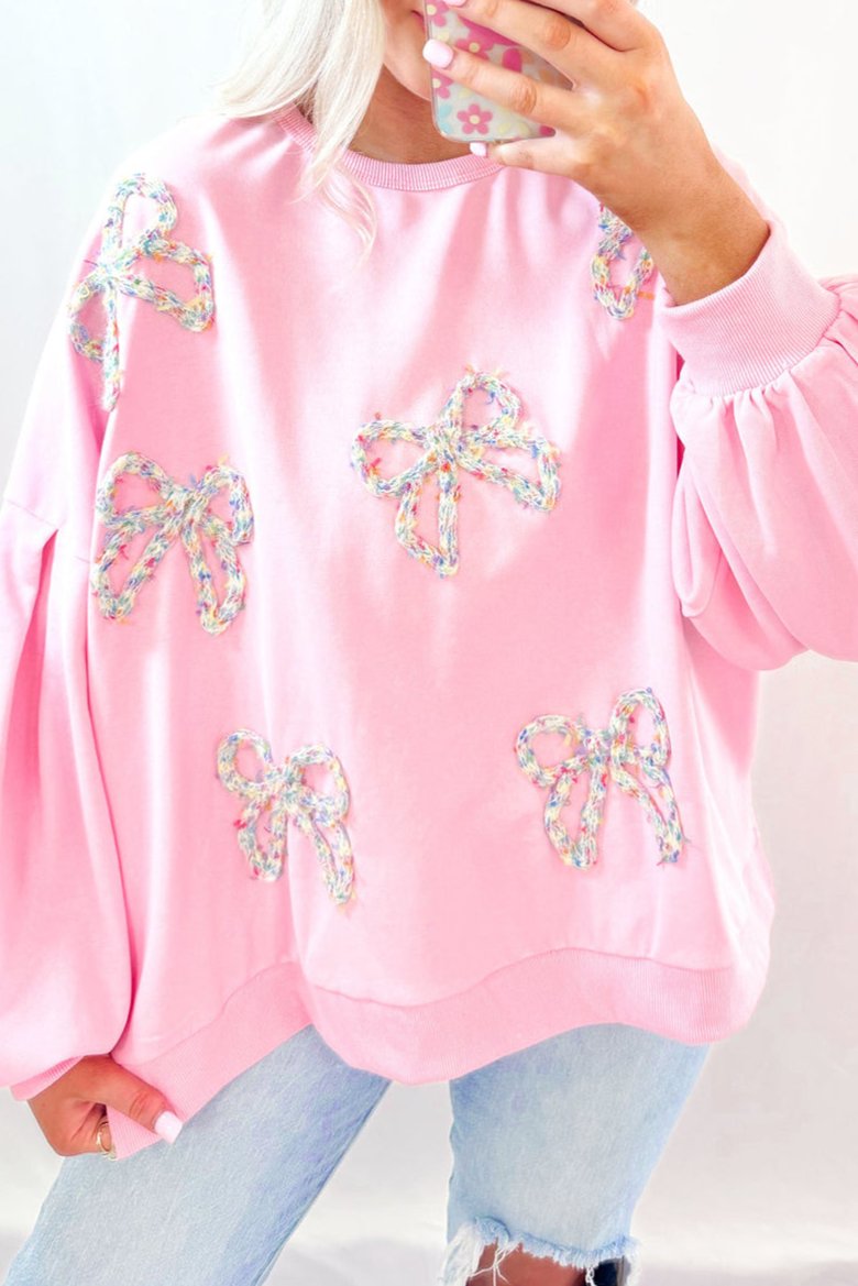 Bow Embroidered Lantern Sleeve Sweatshirt