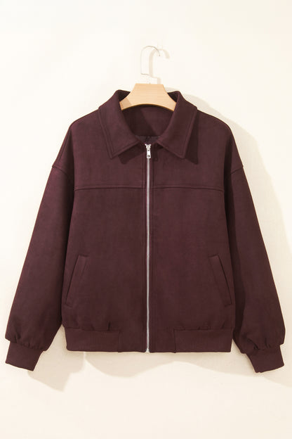 Solid Faux Suede Zip-Up Collared Jacket