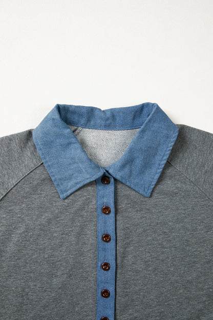 Colorblock Denim Patchwork Shirt Collar Blouse