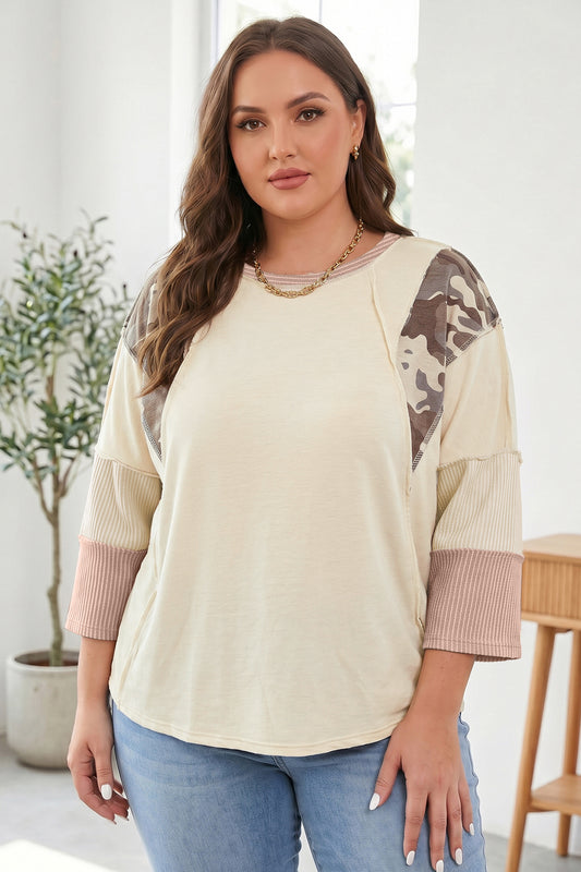 Plus Size Camo Panel Corded Knit Sleeve Blouse
