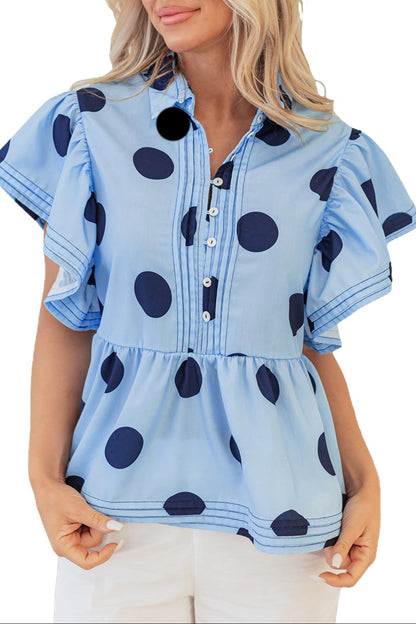 Polka Dot Short Sleeve Buttoned Blouse