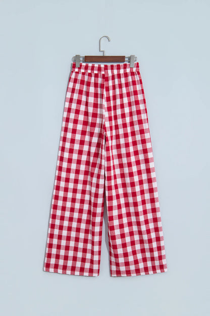 Gingham Drawstring High Waist Wide Leg Pants