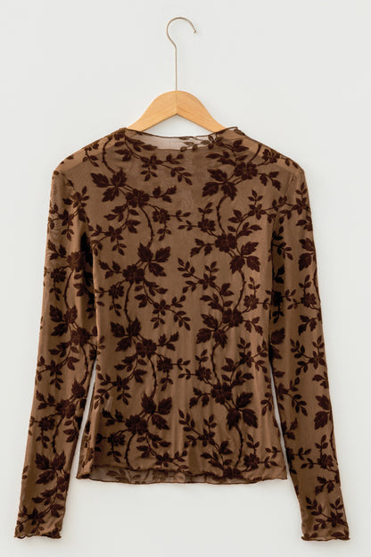 Floral Velvet Burnout Mesh Long Sleeve Top
