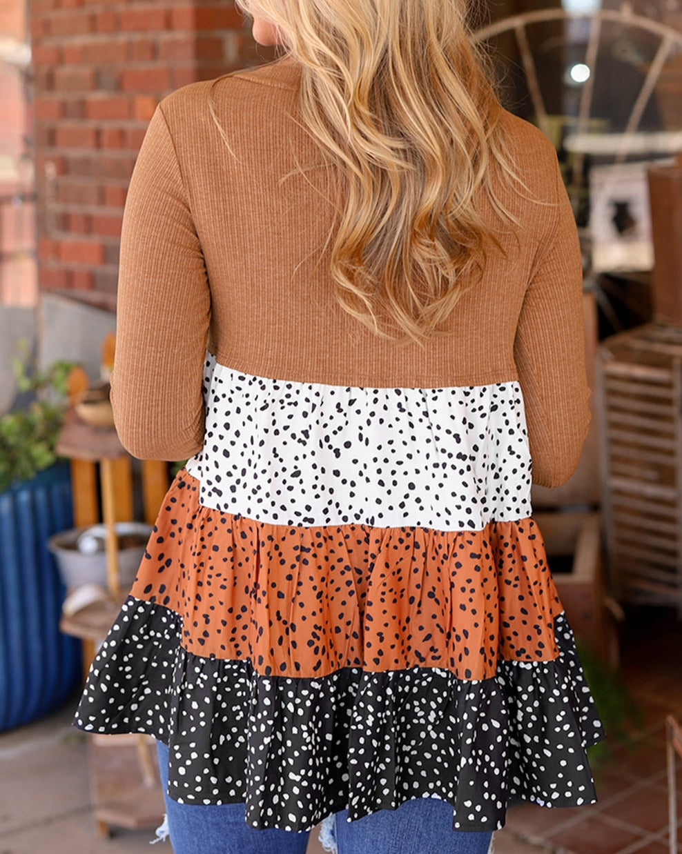 Dotted Colorblock Ruffle Tiered Top