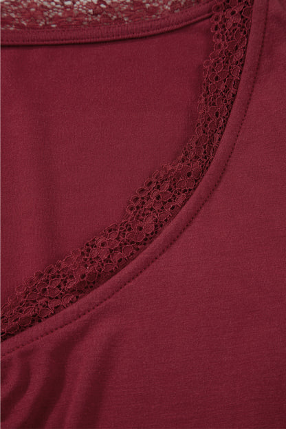 Lace Trim Ruched V-Neck Long Sleeve Top