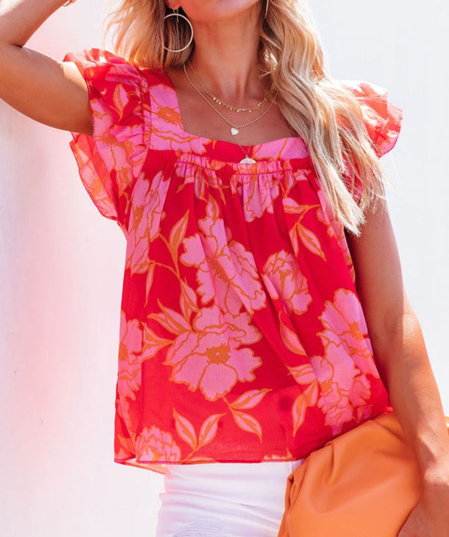 Floral Square Neck Ruffle Sleeve Blouse