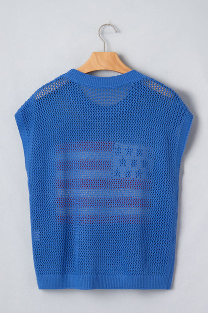 USA Flag Crochet Short Sleeve Sweater Top