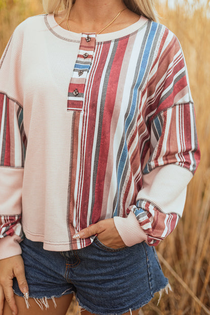 Stripe Waffle Knit Patchwork Raw Edge Henley Top