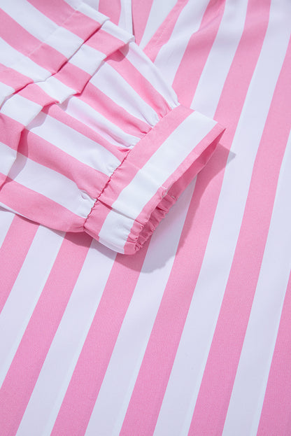 Stripe Puff Sleeve Buttoned V-Neck Blouse