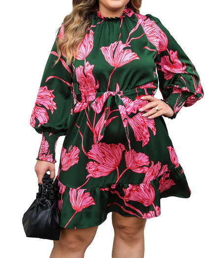 Floral Smocked 3/4 Sleeve Dress Plus Size