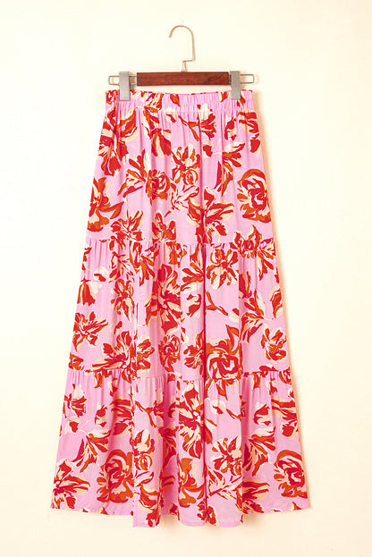 Boho Floral Tiered Side Slit Maxi Skirt