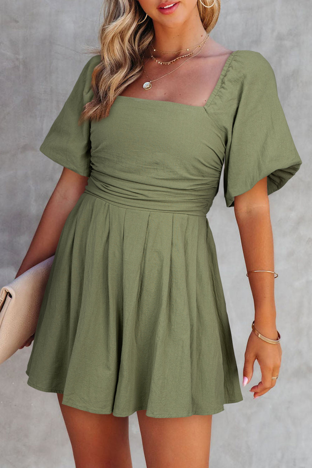 Solid Square Neck Ruched Puff Sleeve Romper