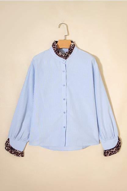 Stripe Patchwork Leopard Ruffle Long Sleeve Shirt