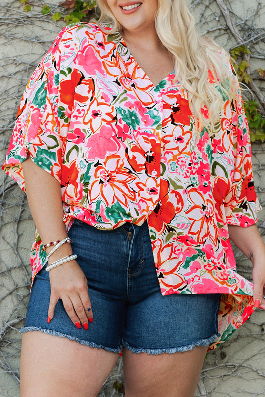 Floral Kimono Sleeve Shirt Plus Size