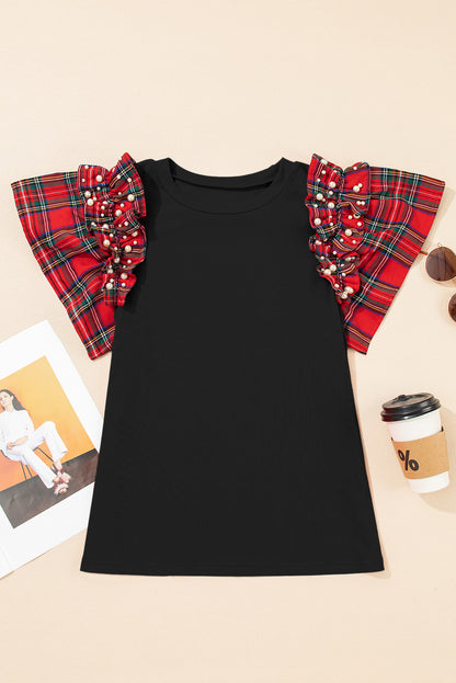Plaid Pearl Ruffle Short Sleeve Loose T-Shirt