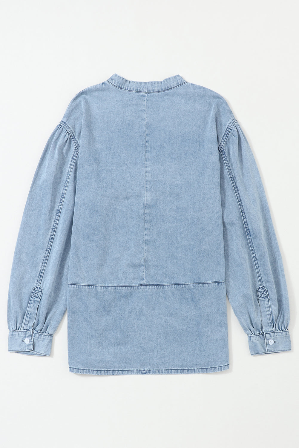 Denim Split V-Neck Balloon Sleeve Top