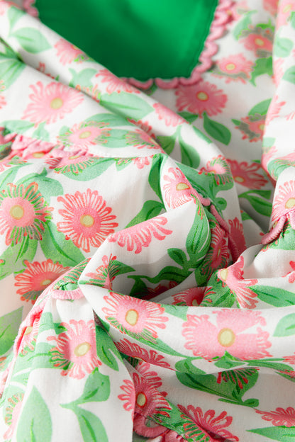 Floral Ricrac Trim Contrast V-Neck Puff Sleeve Dress