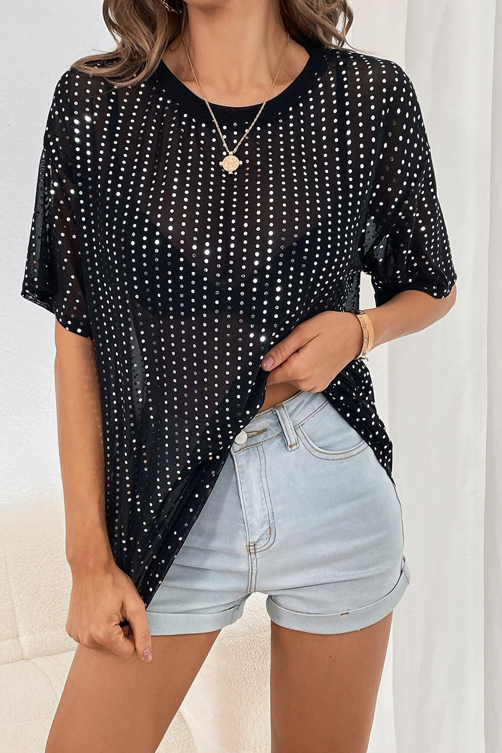 Sequin Dot Semi Sheer T-Shirt