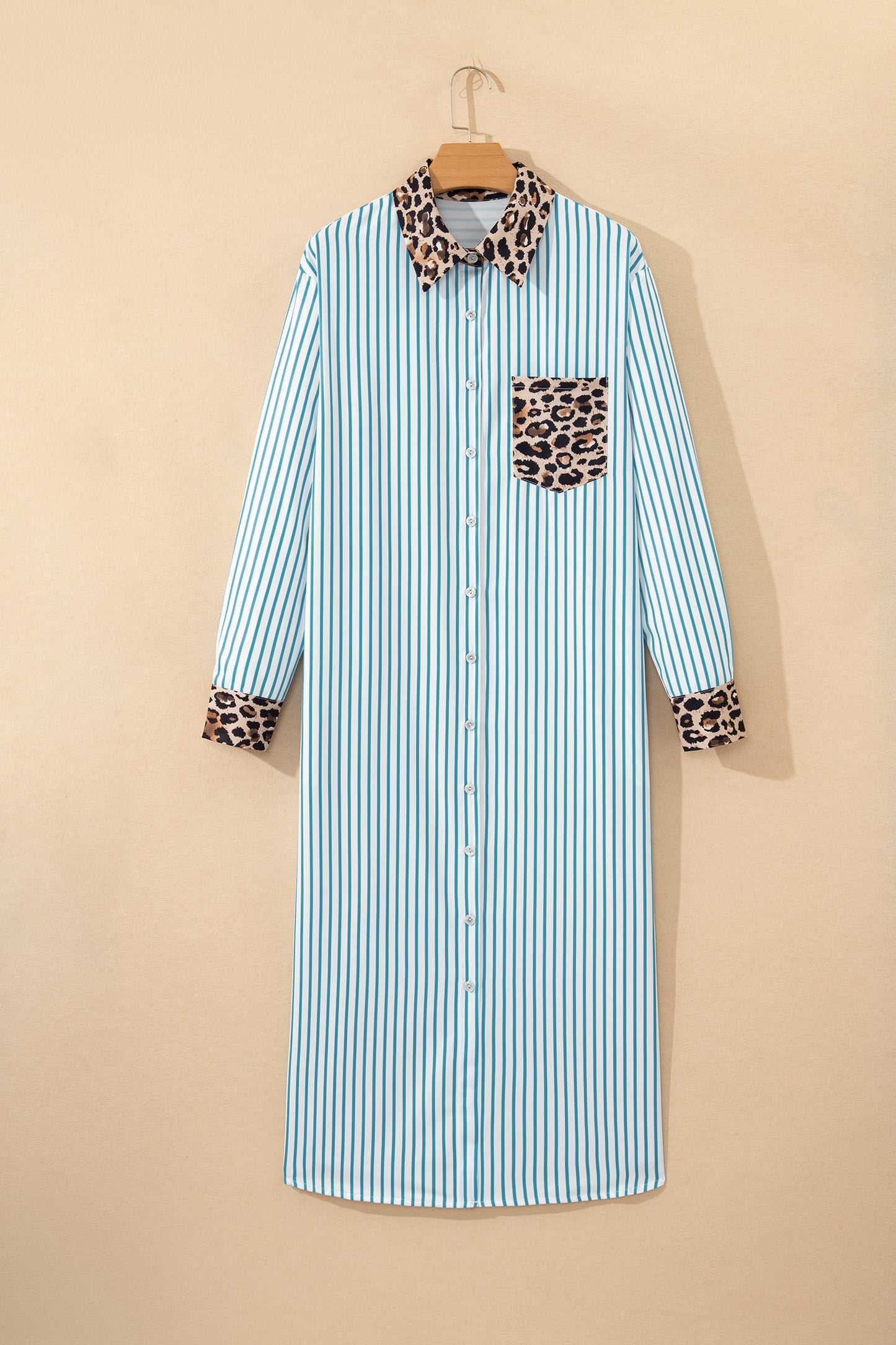 Leopard Patchwork Stripe Shirt Dress with Slits