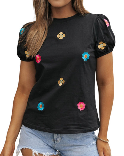 Floral Embroidered Puff Sleeve Tee