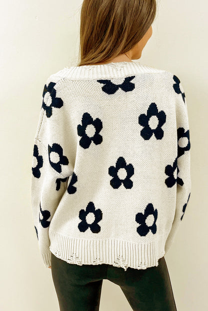 Floral Distressed V-Neck Sweater