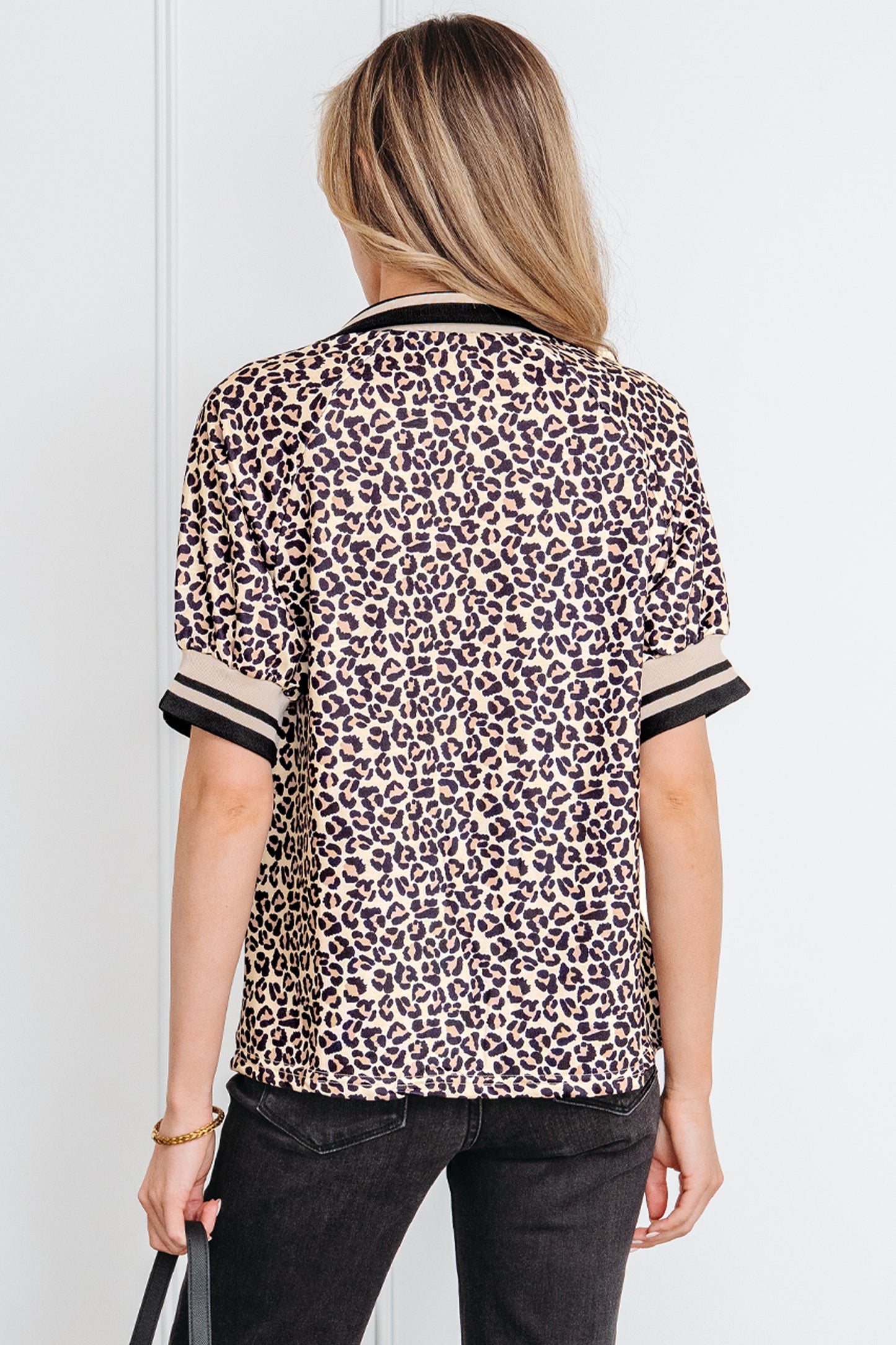 Leopard Half Zip Stripe Trim Short Sleeve Top
