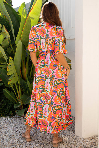 Tropical V-Neck Ruffle Asymmetric Slit Maxi Dress