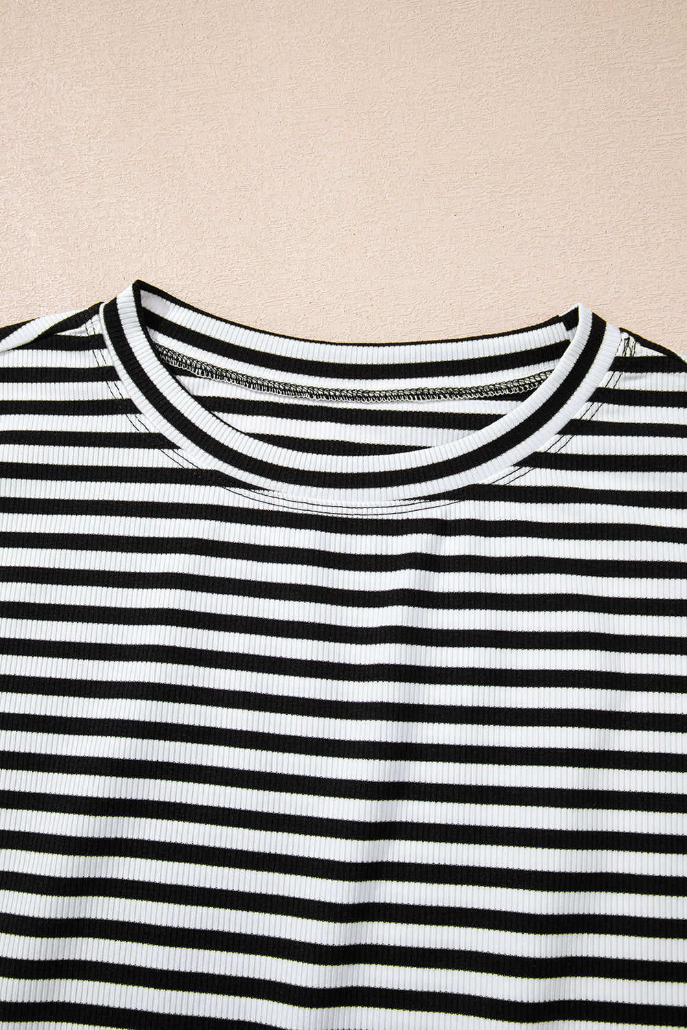 Stripe Ribbed Cap Sleeve Round Neck T-Shirt