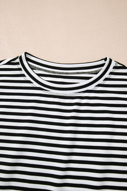 Stripe Ribbed Cap Sleeve Round Neck T-Shirt