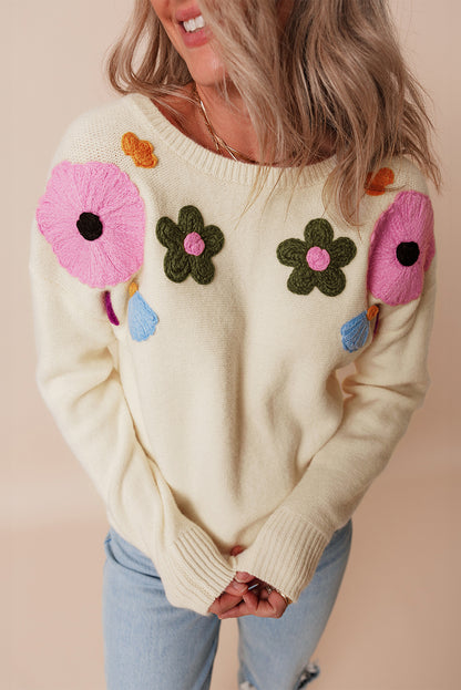 Floral Ribbed Trim Crewneck Sweater