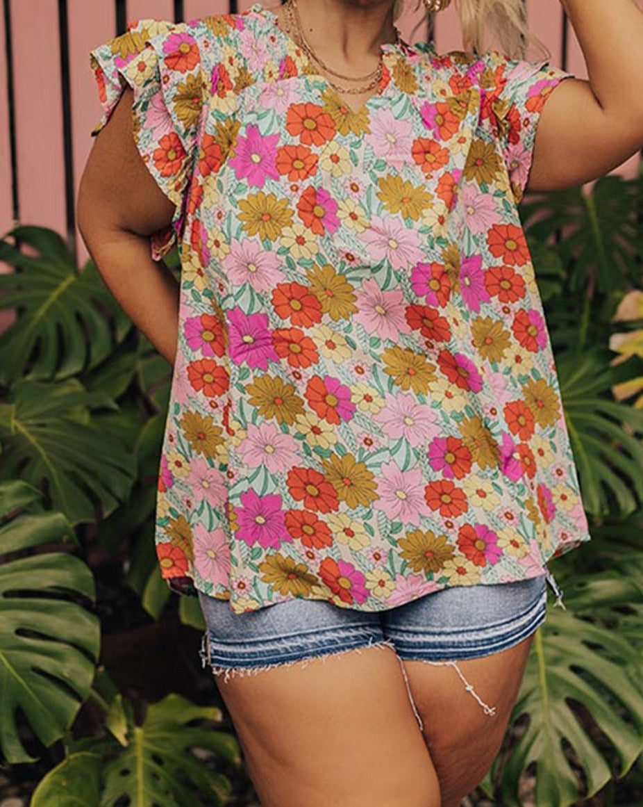 Floral Ruffle Sleeve Blouse Plus Size