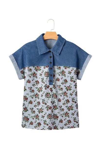 Floral Retro Denim Patchwork Buttoned Collar Top