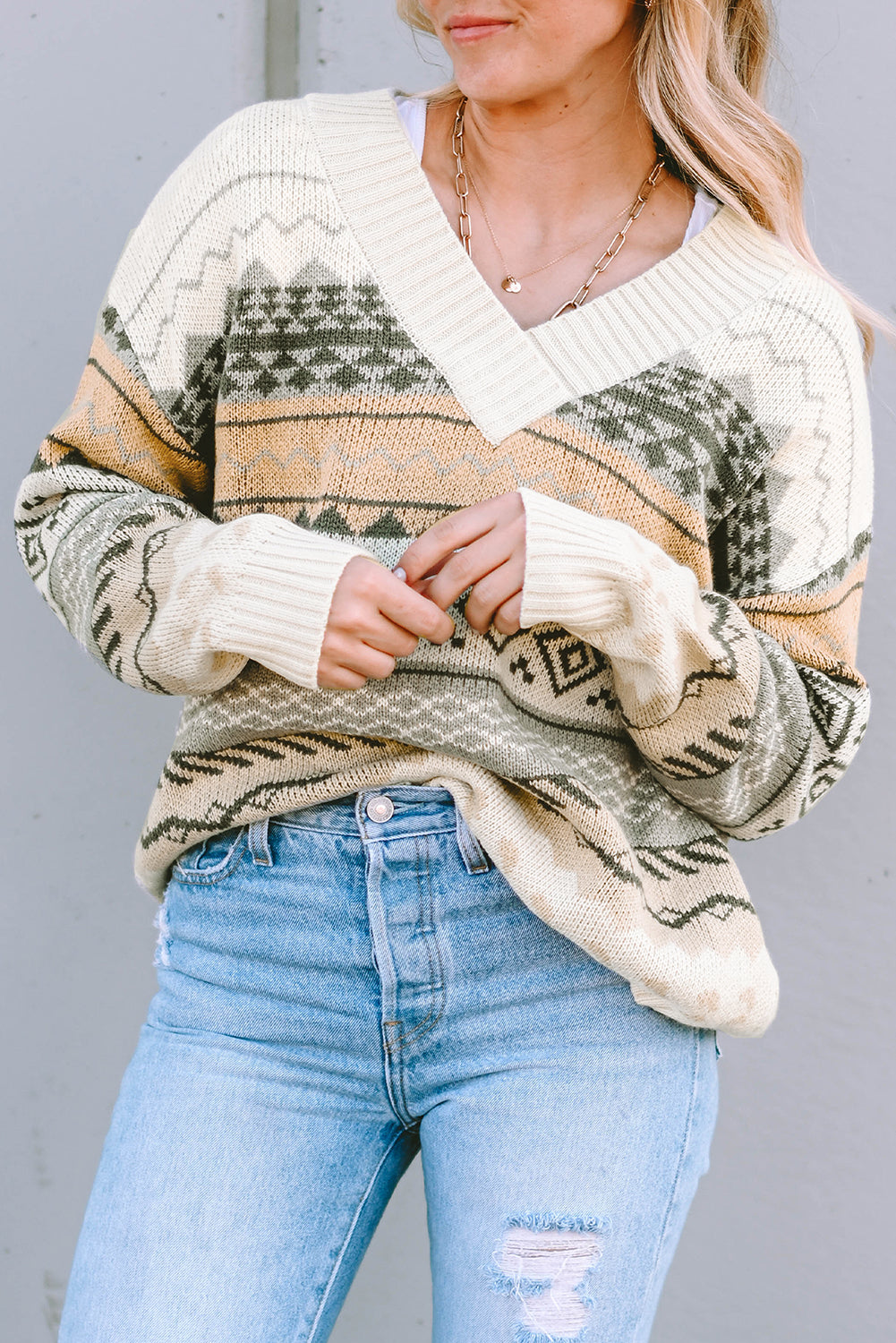 Fair Isle Ribbed V-Neck Sweater