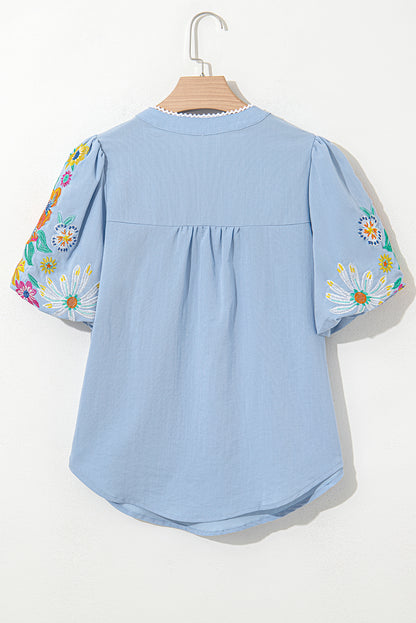 Floral Embroidered Puff Sleeve Split Neck Blouse