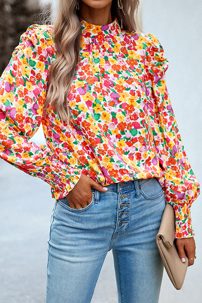 Floral Ruched Puff Sleeve Blouse