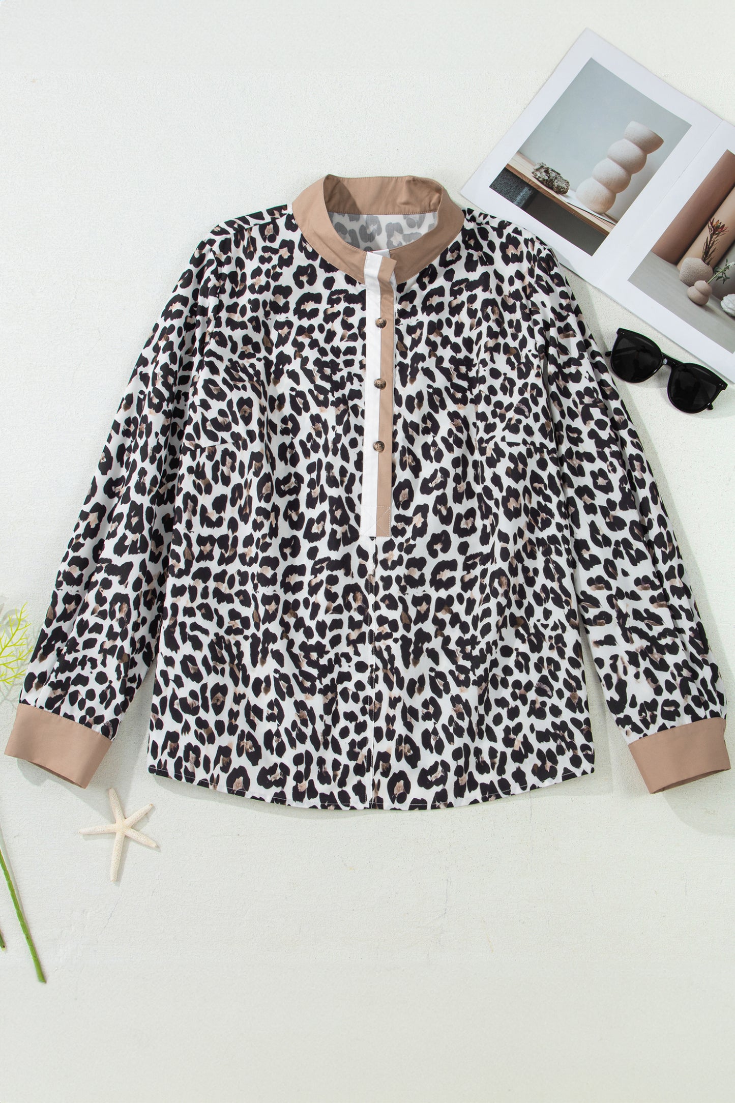 Plus Size Leopard Contrast Trim Half Button Top