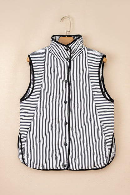 Stripe Contrast Trim Snap Button Collared Vest