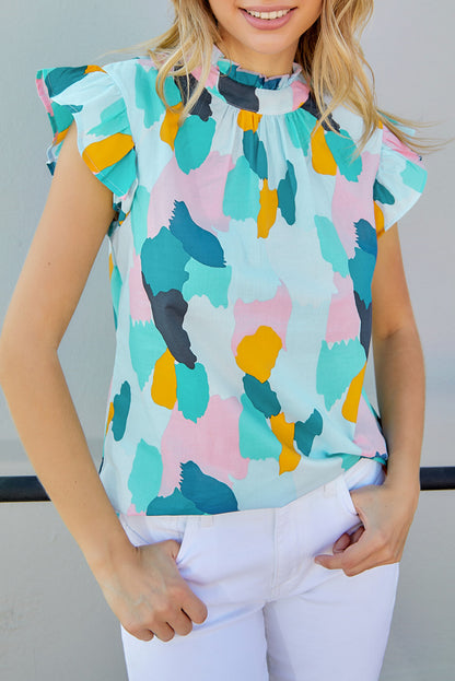 Abstract Ruffle Mock Neck Top