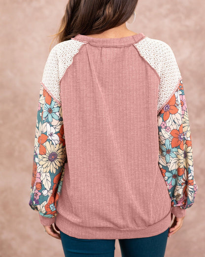 Floral Lace Patchwork Ribbed Blouse